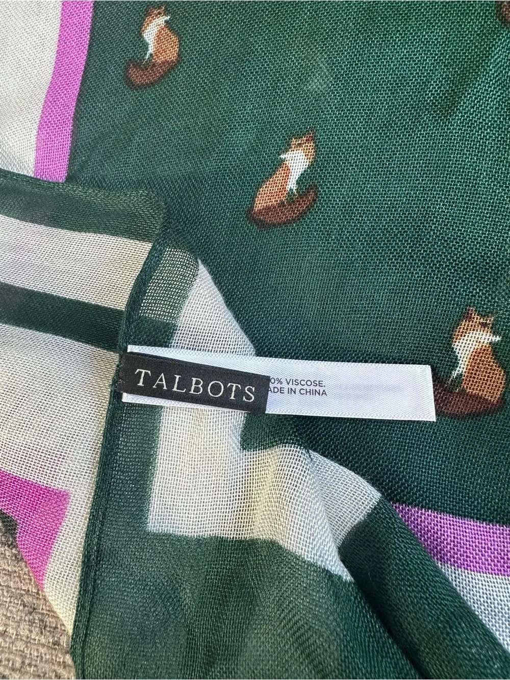 Talbots Green Fox Print Viscose Scarf Lilac Stripe